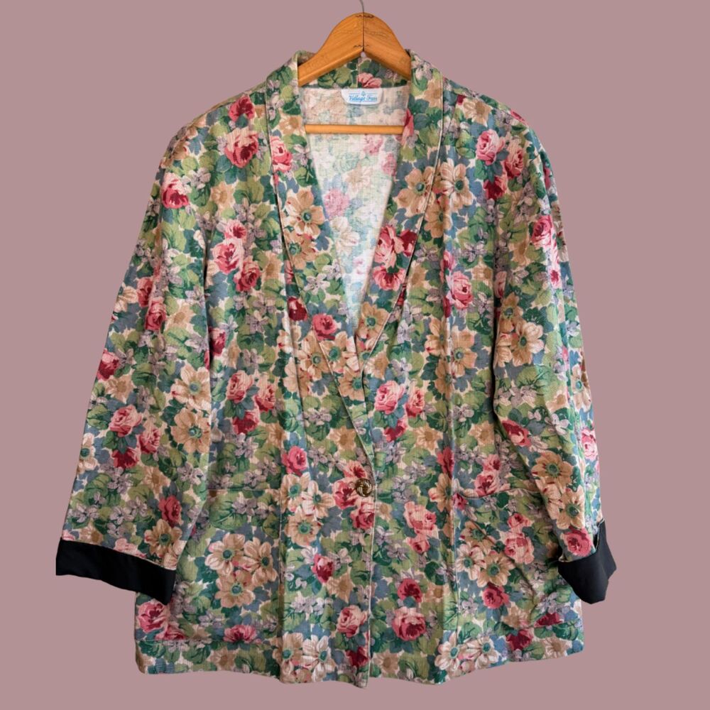 Vintage 90s Village Fair Classic Floral Tapestry One Button Blazer